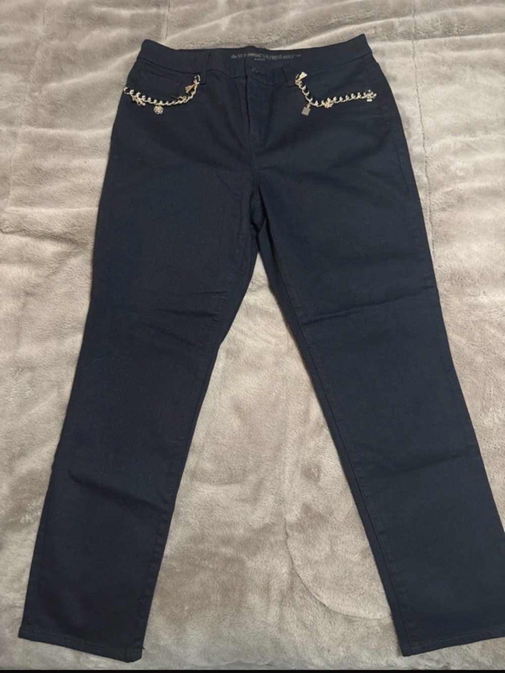 Chico's Black Straight-Leg Jeans with Decorative Chain Trim
